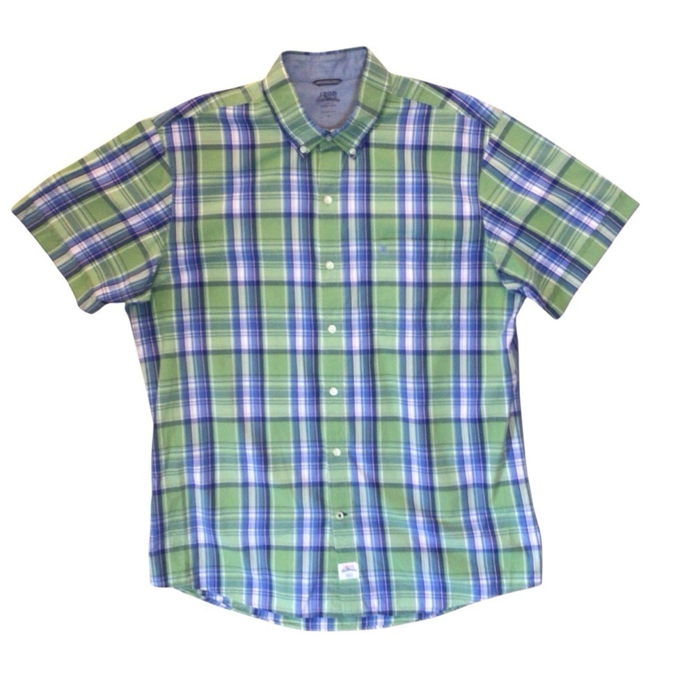 Izod Saltwater Mens Green Plaid Seaport Poplin Short Sleeve Button Up Shirt Lg